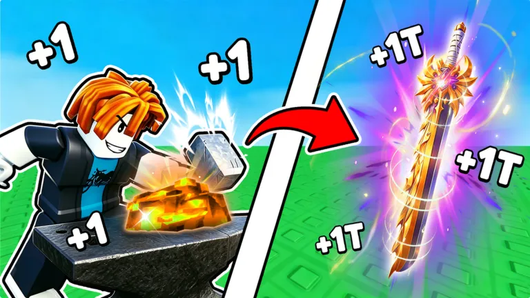 Forging ore on an anvil into a legendary golden sword